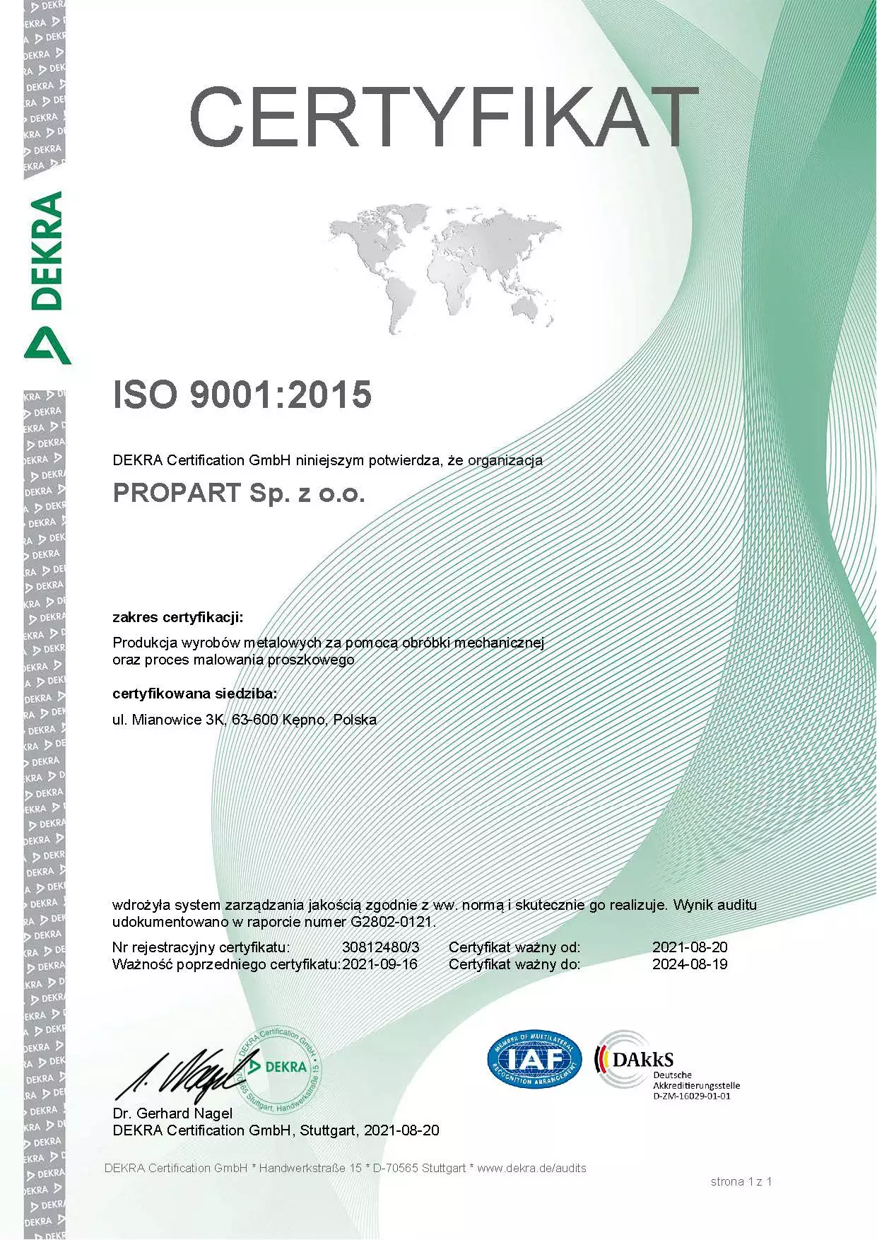Certyfikat Dekra ISO9001